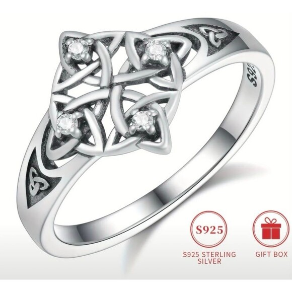 S925 Pure Silvery Celtic Knot Ring with Inlay Synthetic Zirconia Size 7 - Picture 4 of 6